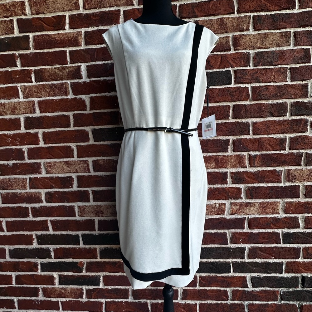 Calvin Klein White Midi Sheath Dress with Black Trim